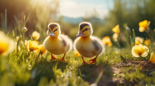 Two Little Fluffy Ducklings Walk On A Green Meadow With Flowers On A Sunny Day. Generative Ai.