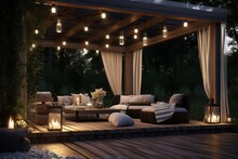 Amazing Exterior Design Of A Lounge, Professional Lighting And Comfortable Sofa.