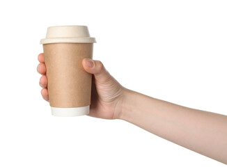 Poster - Woman holding paper cup of tasty drink on white background. Coffee to go