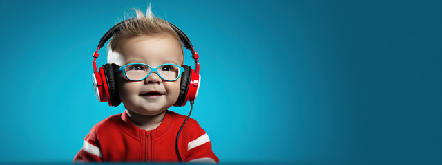 A baby in headphones poster with copy space