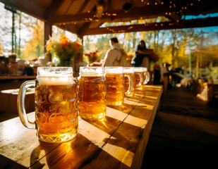 Wall Mural - Row of larges mugs with Beer on a table in a pub, bar or October festival grounds. Concept of beer with friends and German beer festival. Shallow field of view.