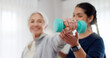 © SneakyPeakPoints/peopleimages.com - Woman, nurse and dumbbell in elderly care for physiotherapy, exercise or workout at old age home. Female doctor, caregiver or personal trainer helping senior patient in weightlifting for healthy body