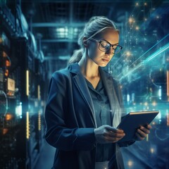 Successful Female Data Center IT Specialist Using Tablet Computer, Turning Augmented VFX Visualization on Server Farm Cloud Computing Facility. System Engineer Working for Cyber Data Security Company