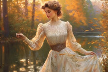 Embracing The Allure Of Edwardian Romance, A Lady Elegantly Wears A Lace-trimmed Blouse And A Long, Flowing Skirt That Perfectly Captures The Romantic Essence Of The Edwardian Era