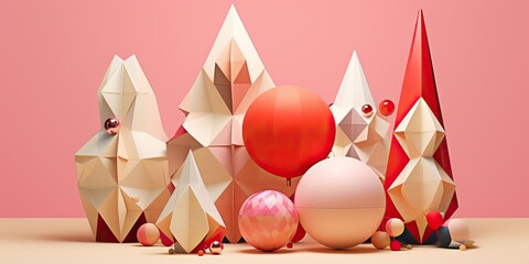 Wall Mural - Creative Christmas tree with golden and red balls isolated on pink background. Banner for New Year's greetings