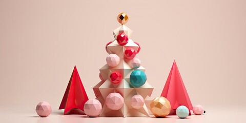 Wall Mural - Creative Christmas tree with golden and red balls isolated on pink background. Banner for New Year's greetings