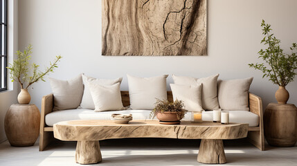 Wall Mural - Rustic interior design of a modern Scandinavian living room in ecolodge, with an author's wooden coffee table. Generative AI