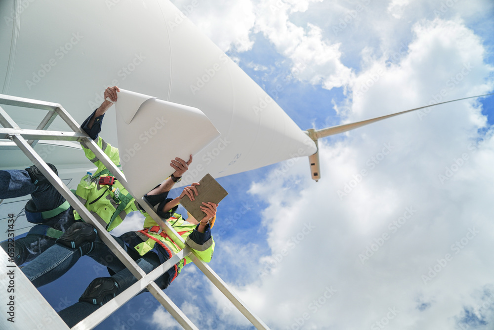 engineers working in fieldwork outdoors. Workers check and inspect ...