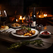 © Darya - Delicious rare cooked steak and potatoes with a glass of wine for dinner. Generative AI