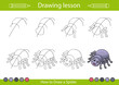 © Betswork - Drawing tutorial kids art lesson. How to draw insect. Kids activity page. Children education step by step worksheet. Vector illustration of spider.