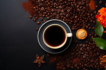 Wall Mural - Coffee Flat Lay - Ingredients for Making Hot Espresso Cup, with Coffee Beans and Brown Background to Conceptualize Coffee Break. Generative AI