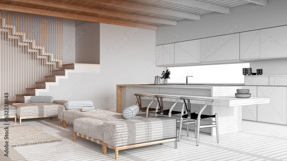 Architect interior designer concept: hand-drawn draft unfinished ...