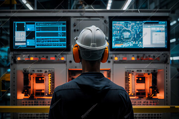 View of a worker at a high-tech factory. The worker controls automated processes using digital monitors.