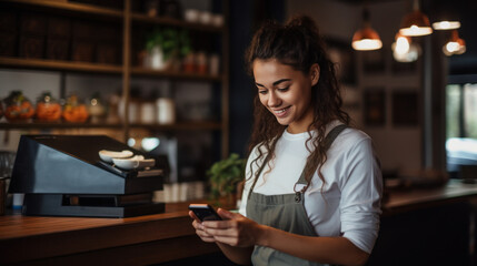 young woman barista uses the mobile phone to accept payment from young in the coffee shop