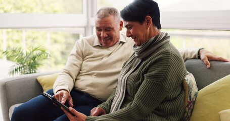 Sticker - News, senior and a couple with a tablet on the sofa for social media, app or the internet. Relax, website and an elderly man and woman typing on technology, streaming and reading information