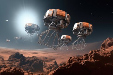 Wall Mural - spacecraft deploying nanobots for resource extraction