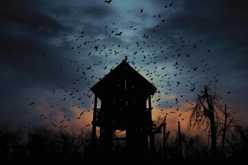 Wall Mural - bat house with a moonlit sky, silhouettes of bats flying