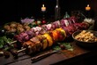 shashlik skewers with a variety of marinated meats