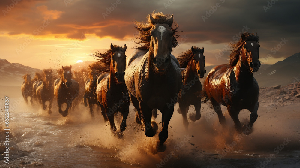 Epic Scene of Majestic Horses Running Towards the Camera in the Vast ...