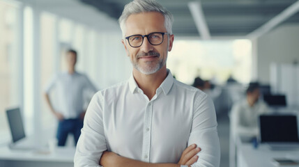 Portrait of a Caucasian elderly man in short gray hair with glasses. Specialist in the programming department of a large IT company