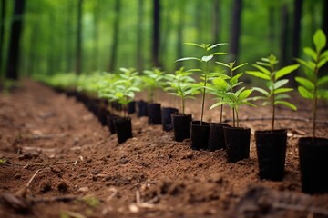 saplings planted in a row, symbolizing reforestation