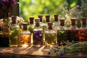 Canvas Print - a collection of essential oil bottles with medicinal herb backgrounds