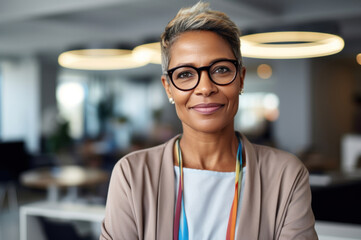 A middle-aged African-American woman with glasses stands in the center of a modern office. A specialist female programmer with a tablet in her hand stands and smiles at the camera. Generated Ai