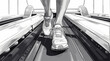 Black and white line drawing of feet running on a treadmill.