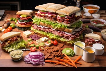 Wall Mural - sandwich assembly process with various ingredients