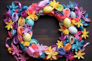 Poster - creating easter egg wreath with colorful ribbons