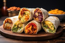 Variety Of Breakfast Burritos With Different Fillings