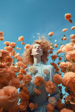 Red Head Woman In Vintage Dress Surrouded With Many Orange Rose Flowers Against Blue Sky. Low Angle View. Generative Ai.