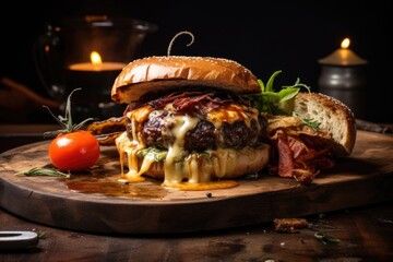 Wall Mural - delicious burger with melting cheese on a rustic plate