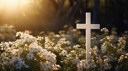 Poster - Spring blossoms forest sunset and Christian cross