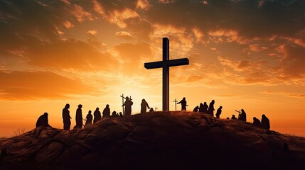 Aufkleber - Crosses on hill at sunset symbolizing Jesus crucifixion