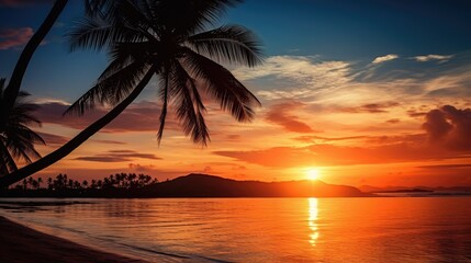Poster - Vibrant tropical island sunset with a golden reflection on the ocean palm trees silhouette and colorful sky Perfect for a summer getaway