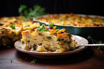 Wall Mural - sliced casserole on a serving plate with garnish