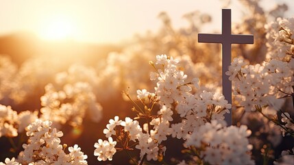 Wall Mural - Spring blossoms forest sunset and Christian cross