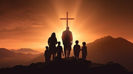 Aufkleber - Christian family holding cross praying on mountain at sunset Easter Sunday concept