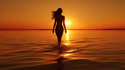 Poster - One woman walking on the beach at sunset