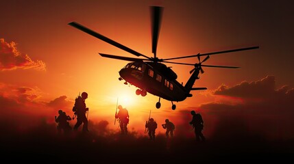 Silhouette soldiers descend from helicopter warning of danger against a sunset background with space for text promoting peace and cessation of hostilities