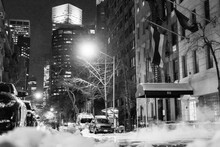 Black And White Picture Of A Snowy Street On A Cold Night In Brooklyn Heights, Brooklyn, New York City, New York