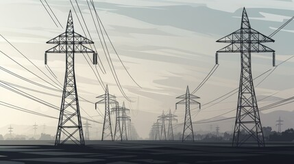  High voltage transmission tower silhouettes consist of intricate steel structures