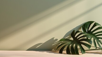 Poster - Minimal summer concept with monstera palm leaf and shadow on a white table against a beige wall background