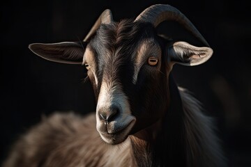 Wall Mural - Portrait of a young goat with expressive eyes and curved horns.