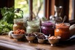 blended chutney in glass jars with labels on rustic kitchen counter