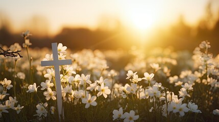 Poster - Spring blossoms forest sunset and Christian cross