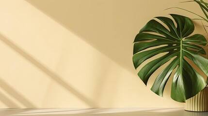 Poster - Minimal summer concept with monstera palm leaf and shadow on a white table against a beige wall background