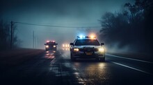 Police Cars Driving At Night Chasing A Car In Fog 911 Police Car Rushing To Crime Scene