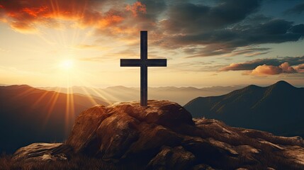 Poster - Cross silhouette against sunset sky